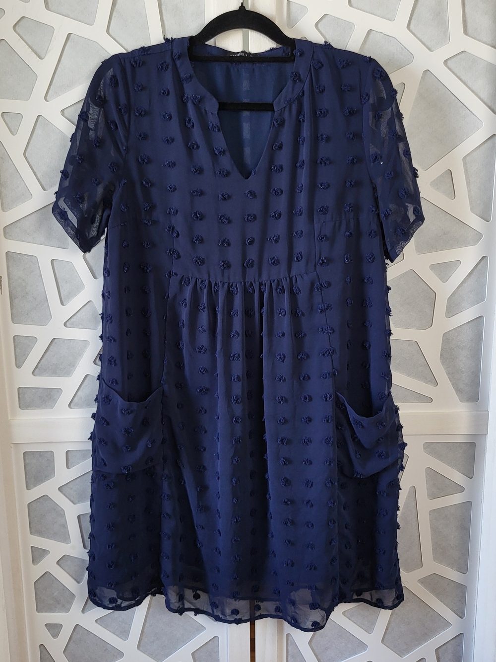 Navy Textured Short Sleeve Mini Dress with Pockets